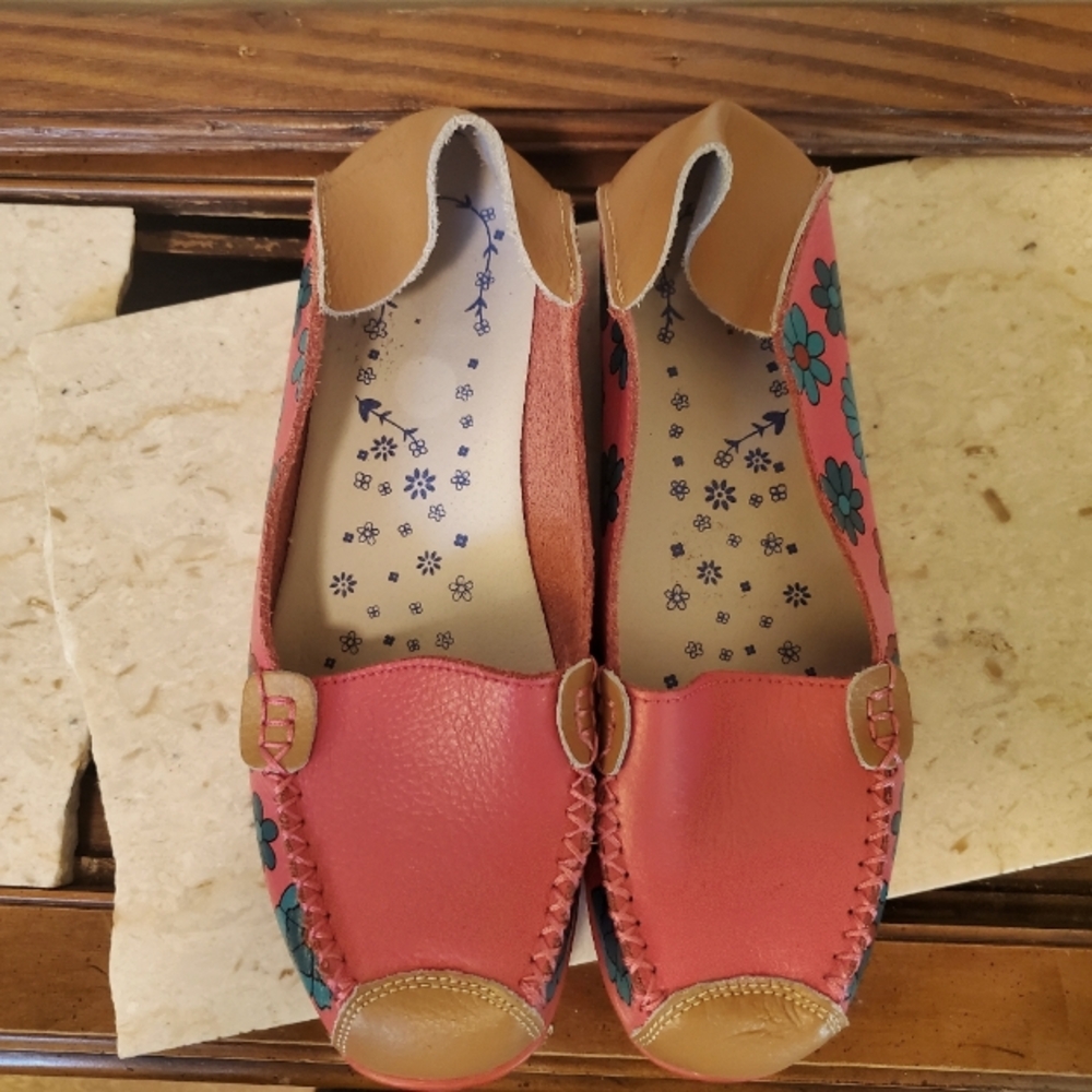 Women's Leather Moccasins Size EU 41 Pink Floral